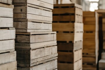Stacked wooden crates in a warehouse setting.