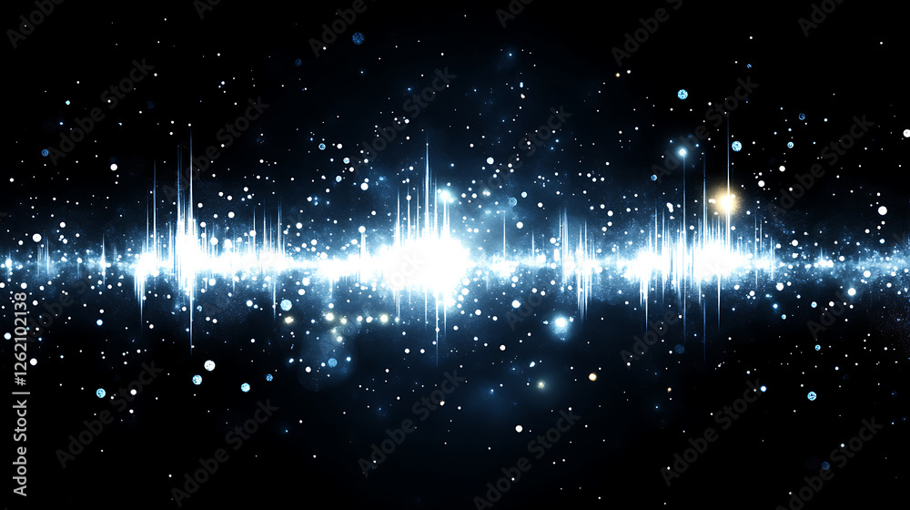 Poster dynamic pulse of light audio waveform with sparkling particles on dark background design concept