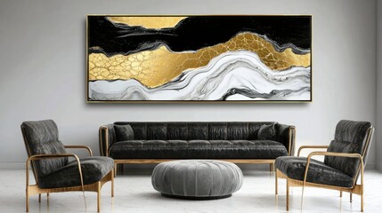 Elegant black and gold abstract art in modern living room design
