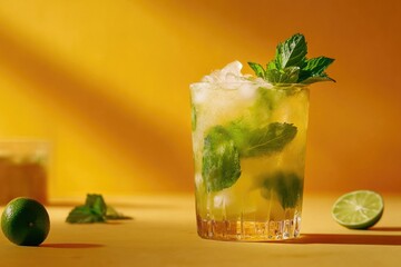 Refreshing mint julep with ice and lemon and lime wedges on the side. Handmade cocktail for a sunny day.