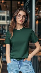 A woman wearing forest green color t shirt mockup; with wireless headphones; at the cafe; front view