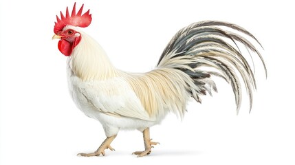 Fototapeta premium Majestic white rooster displaying feathers farmyard animal photography natural setting close-up poultry beauty