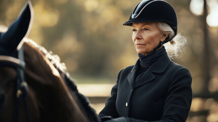 Senior woman doing horseback riding, trotting with a relaxed yet focused posture, warm natural light illuminating her and the horse, elegant and calm