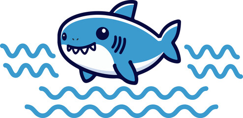 Cute cartoon  baby shark with wave doodle