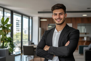 young businessman standing confidently at office