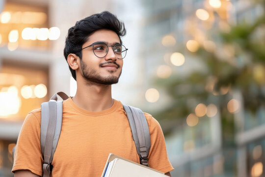 Fototapeta young handsome college boy holding book and backpack