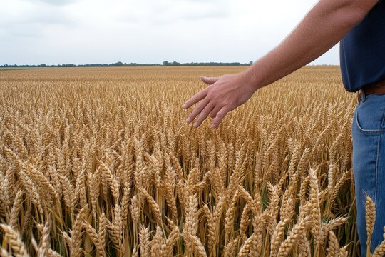 Farmer checks ripe wheat field growth, cloudy sky
