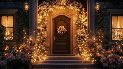 Elegant Flower Adorned Doorway with Soft Warm Lights at Dusk