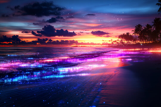 Digital glitch effect on a beach scene with fragmented waves, sand, and neon colors, creating a surreal coastal landscape with a futuristic twist - Powered by Adobe