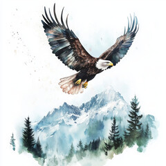 Obraz premium Bald eagle illustration soars gracefully over mountain landscape
