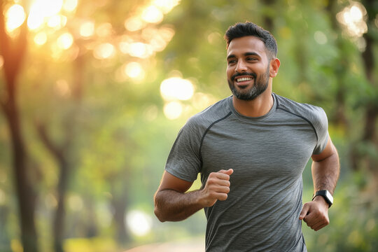 A fit and energetic Indian man in his late twenties, with a neatly trimmed beard, wearing a sports jersey and shorts, jogging in a lush green park