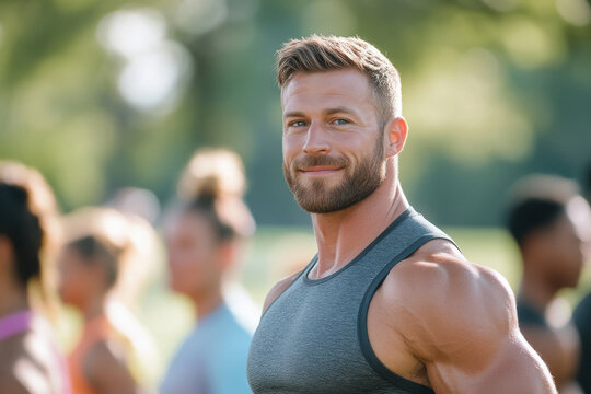 A fitness coach, muscular and energetic, wearing a tight-fit workout outfit, is guiding a group of trainees in an outdoor boot camp session. - Powered by Adobe