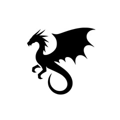 Majestic Dragon Silhouette: A powerful and majestic dragon silhouette, wings outstretched in a dramatic pose, ready to take flight. This vector graphic design evokes a sense of fantasy, mystery.