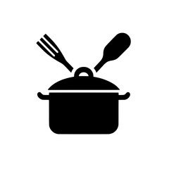 Cooking Icon: A simple yet elegant black and white icon representing a pot, a fork and a wooden spoon, ideal for culinary related websites, apps, and social media posts.