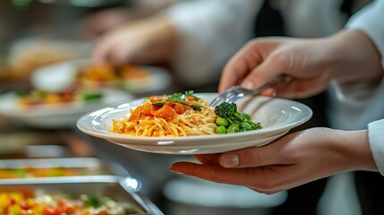 Close-up food photography fresh pasta and veggies in an buffet restaurant kitchen