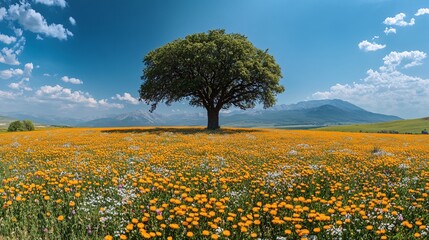 Obraz premium Vibrant wildflower field under a majestic tree scenic mountain landscape nature photography