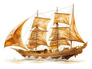 Golden Galleon at Sea: A majestic golden galleon with billowing sails glides gracefully across the ocean, its intricate carvings gleaming in the sunlight, evoking a sense of adventure and exploration.