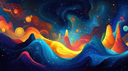 Surreal stargazing experience captured in a cosmic illustration, featuring a glowing celestial panorama