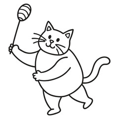 Chubby Playful Cat Playing Badminton Line Art Vector Illustration