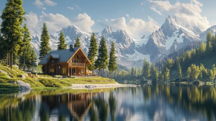 Fototapeta premium Scenic log cabin by a tranquil lake and majestic mountains
