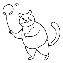 Chubby Playful Cat Playing Badminton Line Art Vector Illustration