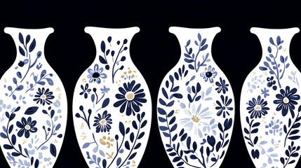 Elegant Vases with Floral Motifs Blue and Gold Artistic Design Background with Intricate Details