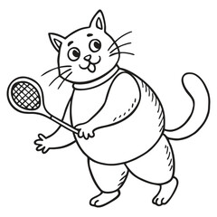 Chubby Playful Cat Playing Badminton Line Art Vector Illustration