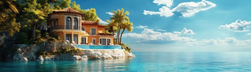 Obraz premium Luxurious villa by the sea with palm trees and infinity pool