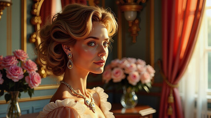 Elegant woman in vintage jewelry poses in opulent chateau interior, beauty