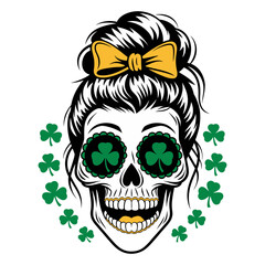 St. Patrick's Day Sugar Skull Woman with Messy Bun