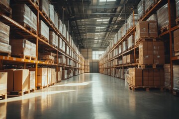Fototapeta premium Warehouse with Stacked Boxes Lit by Natural Light