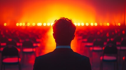 Dynamic and Precise Event Planner Arranging Glowing Chairs in Surreal Venue Lighting