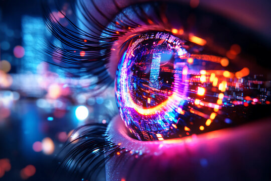 Glowing Abstract Human Eye with Futuristic Patterns and Holographic Elements Representing Vision, Perception, and Advanced Technology