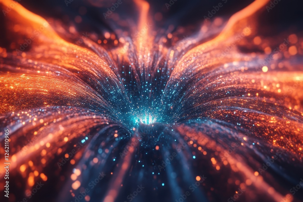 Poster Digital particle representation of a firework explosion in vibrant colors and intricate patterns, Digital Particle of a Firework