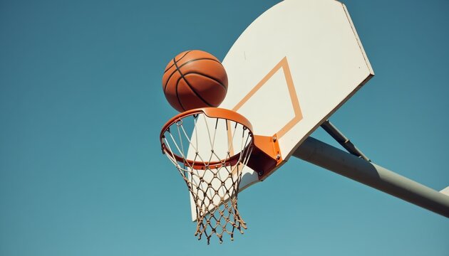 Basketball resting on hoop with white backboard against blue sky