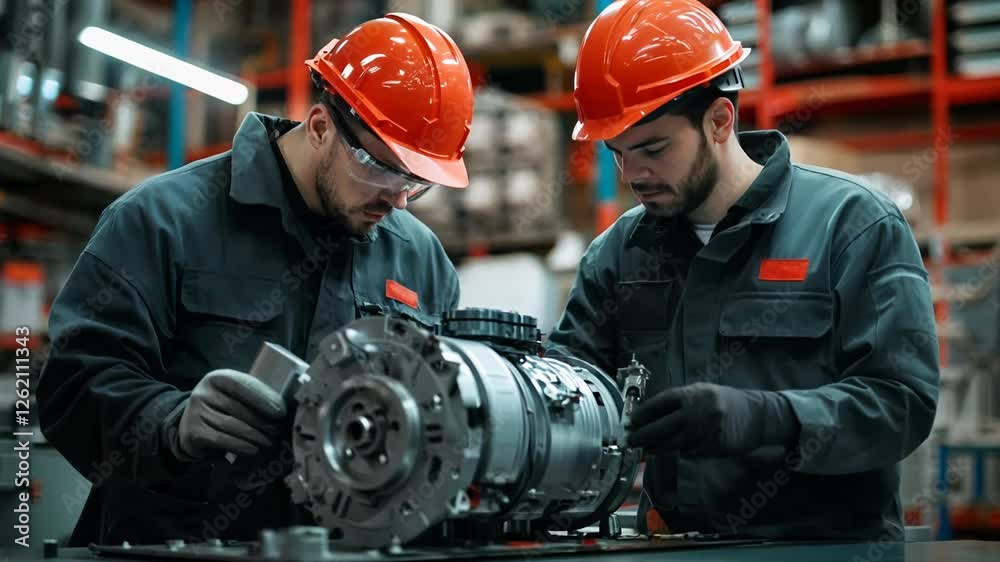 Poster Two skilled workers focus intently on assembling a complex engine component in a well-organized industrial environment. The workspace is vibrant with activity and tools.