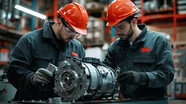 Two skilled workers focus intently on assembling a complex engine component in a well-organized industrial environment. The workspace is vibrant with activity and tools.