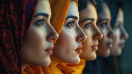 Obraz premium A collage of several women's close-up faces, wearing different multicolored scarves, representing diversity and unity.