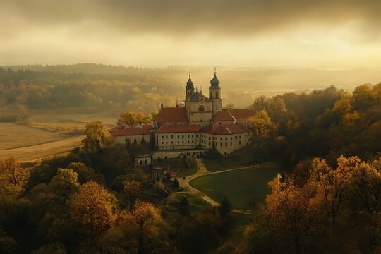 Stunning aerial view of Kladruby Monastery amidst autumn foliage in the Czech Republic, Aerial view of the monastery Kladruby in the Czech Republic on a cloudy day in autumn