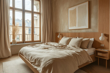 Fototapeta premium Warm minimalist bedroom with natural light