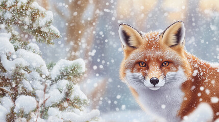 Obraz premium Red Fox in Winter Forest Landscape A red fox captured in the forest during winter, surrounded by snow-covered trees. The foxâs sharp gaze and fluffy coat highlight the beauty of wi