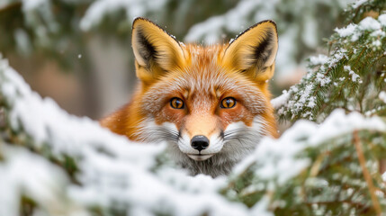 Fototapeta premium Red Fox in Winter Forest Landscape A red fox captured in the forest during winter, surrounded by snow-covered trees. The foxâs sharp gaze and fluffy coat highlight the beauty of wi