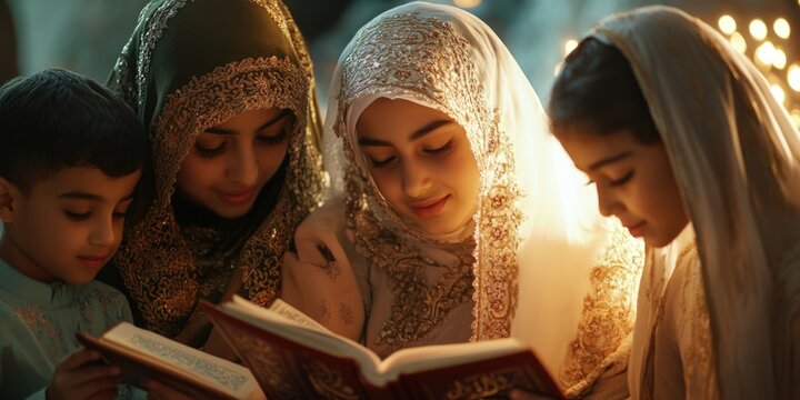 Muslim family gathered to read Quran together, highlighting religious unity and the importance of faith in daily life.