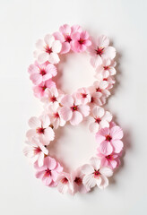 Obraz premium Number 8 made of delicate pink blossoms on white background