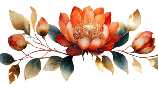 Golden leaves and buds isolated on white background