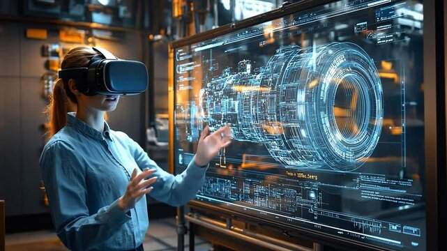 Visionary in VR: A woman wearing a VR headset engages with a holographic projection of a complex machine, blending technology and imagination to envision futuristic innovation.