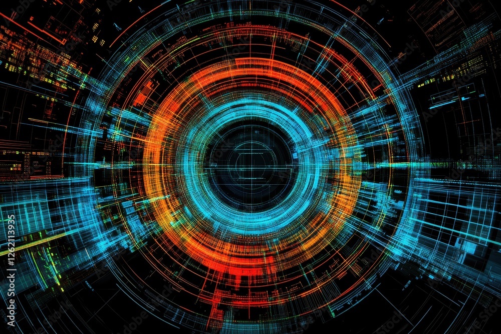 Fototapete Scope scanning and data processing visualization over a black background showcasing dynamic patterns, scope scanning and data processing over black background