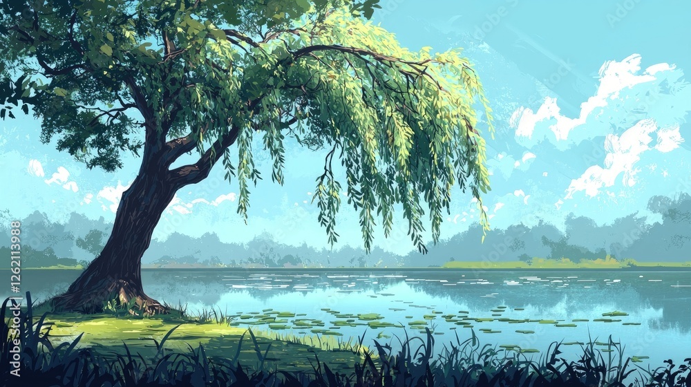 Wall mural A peaceful pond surrounded by lush greenery with overhanging willow branches. Water lilies float on the surface, and sunlight filters through the leaves, creating a serene nature scene. Generative AI