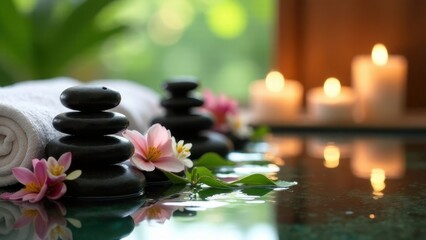 Obraz premium Spa accessories installed in a day spa hotel, health and beauty center. Spa products - towels, candles, stone massage stones, aromatic oils placed in a luxury spa, villa in Bali