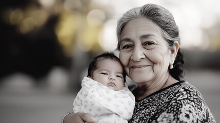 Obraz premium Grandmother Smiling with Newborn Granddaughter in the Park A heartwarming moment captured in the park as a grandmother smiles lovingly at her newborn granddaughter. The peaceful ou